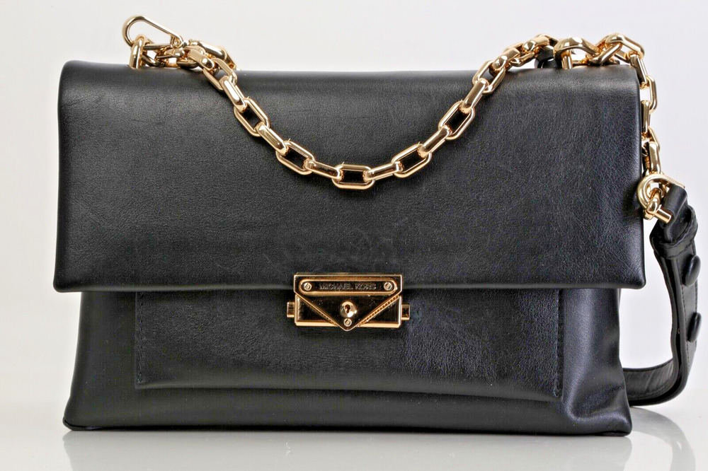 MICHAEL KORS Cece Medium Black Leather Flap Chain Shoulder Bag